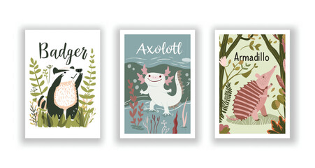 Wildlife and Nature Cards - Badger, Axolotl, Armadillo, Hand drawn cute Fox flyer. Vector illustration