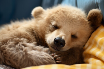 A sleepy bear cub wearing pajamas, snuggled up with a teddy bear.