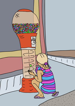 Young girl wearing pink, purple and blue clothes squatting down at gumball machine on footpath