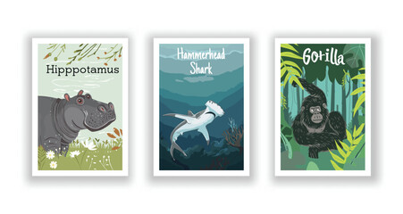 Wildlife and Nature Cards - Gorilla, Hammerhead Shark, Hippopotamus, Hand drawn cute Fox flyer. Vector illustration