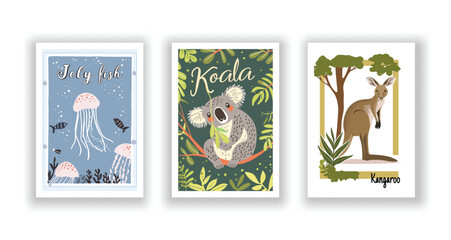Wildlife and Nature Cards - Jellyfish, Kangaroo, Koala, Hand drawn cute Fox flyer. Vector illustration