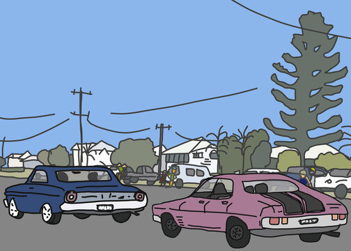 Purple and blue sedan in streetcar parade in regional town