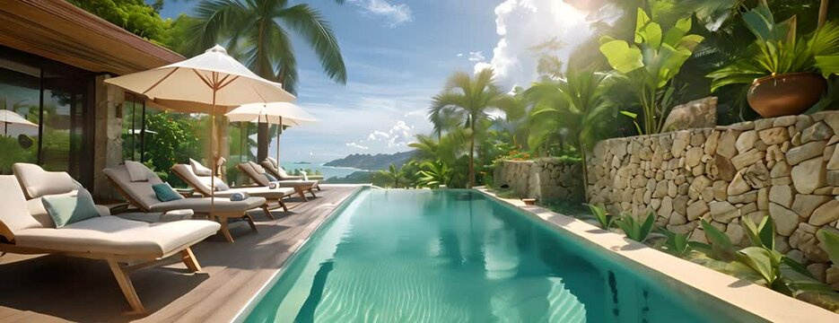 Chaise lounge umbrella and private swimming pool 4K Video