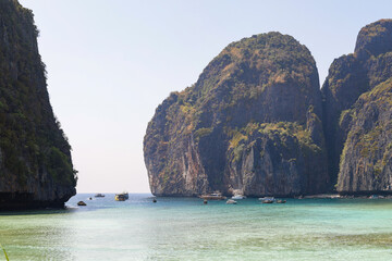 Maya Bay in the Phi Phi Islands, Thailand It is a famous tourist destination and tourists want to...