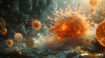 Artistic depiction of a melanoma cell targeted by shields, illustrating the cellular fight against skin cancer, emphasizing research and cure. - obrazy, fototapety, plakaty