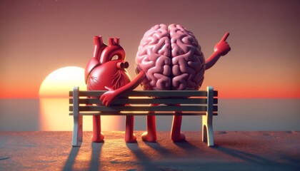 A heart and brain sitting on a bench watching a sunset together.