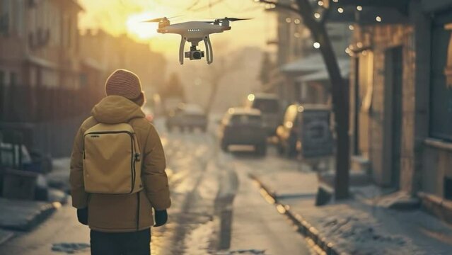The drone is capturing footage of the city 4K motion