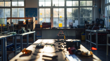 An IT class where elementary students build simple robots or electronic projects, with tools and components spread out on the tables. Sunlight streaming through the windows creates