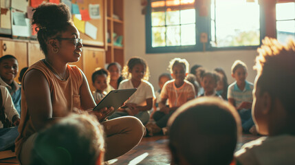 A teacher explains basic programming concepts using a tablet, with children gathered around her. The classroom is lit by gentle sunlight, casting soft shadows that focus the scene
