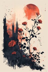 A painting of a rose bush with a castle in the background. Black, red and orange romantic flat illustration