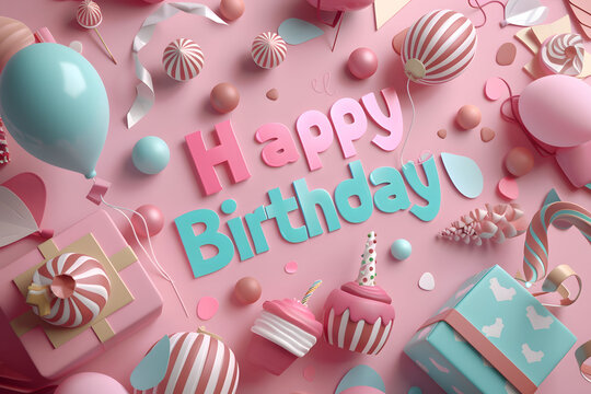 Happy birthday greeting text with with balloons and gift boxes, illustration