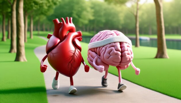 Heart and brain jogging in a park, brain wearing a headband.