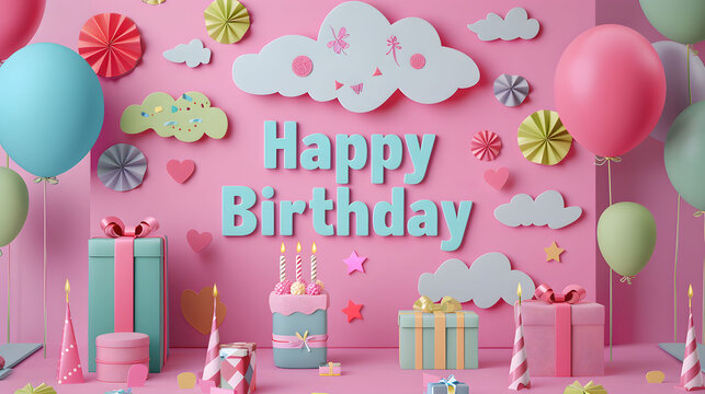 Happy birthday greeting text with with balloons and gift boxes, illustration