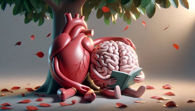 Heart and brain reading a book together under a tree with falling leaves.