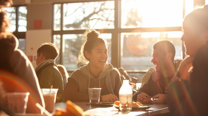 A candid moment of students laughing and sharing stories over lunch at a canteen table. The sunlight filtering through nearby windows casts soft shadows, adding depth to the scene - obrazy, fototapety, plakaty