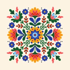 Fototapeta na wymiar Traditional Mexican folk ornament with symmetrical pattern of colorful simple flowers and leaves. Floral motifs. Flat design for textile printing, decor, packaging, cards. Isolated illustration
