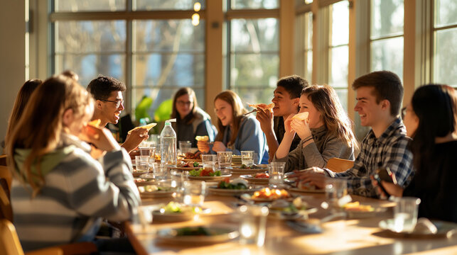 A group of students sitting at a long communal table, enjoying their meals and engaging in animated conversations. The room's soft, natural light creates a warm, inviting atmospher