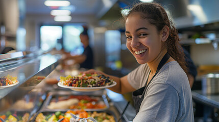 A student cafeteria worker smiling as they serve food, behind a counter filled with an array of dishes. The natural light shines on the service area, highlighting the friendly inte - obrazy, fototapety, plakaty