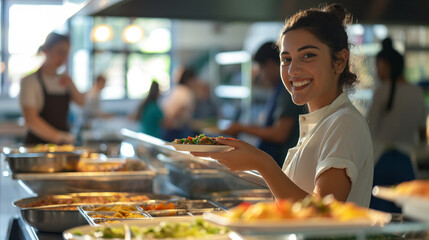 A student cafeteria worker smiling as they serve food, behind a counter filled with an array of dishes. The natural light shines on the service area, highlighting the friendly inte