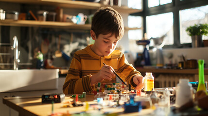 A schoolboy at a kitchen table with a science project model, painting and assembling parts. The bright morning light floods the scene, casting soft shadows and showcasing his creat