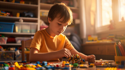 A focused schoolboy building a complex lego structure for a class project on his desk, with instructions and pieces spread out. Sunlight from the window casts a spotlight on his pr - obrazy, fototapety, plakaty