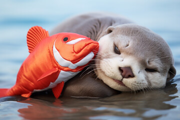A sleepy otter wearing pajamas, cuddling a plush fish toy. - obrazy, fototapety, plakaty