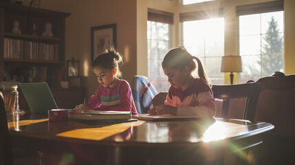 Two siblings at the dining room table, working on homework together. The late afternoon sunlight streams in, casting long, soft shadows and a warm glow over their shared learning e - obrazy, fototapety, plakaty