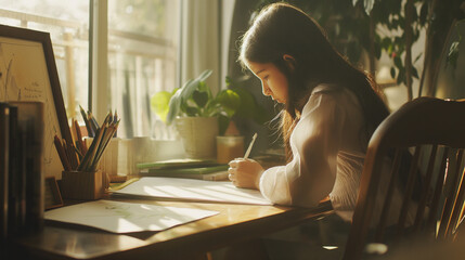 A schoolgirl seated at a desk, drawing and coloring a poster for an art assignment. The soft light from a nearby window illuminates her artwork, casting soft shadows that highlight - obrazy, fototapety, plakaty