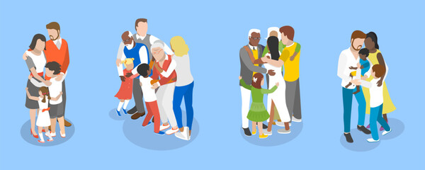 3D Isometric Flat Vector Illustration of Family Hug , Love and Trust between Generations