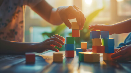 A psychologist and a child build a structure with blocks, a metaphor for problem-solving and overcoming obstacles. The natural daylight emphasizes the collaborative effort and the - obrazy, fototapety, plakaty