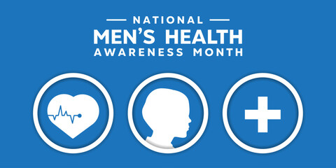 National Mens Health Awareness Month. Heartbeat, men and plus icon. Great for cards, banners, posters, social media and more. Blue background. 