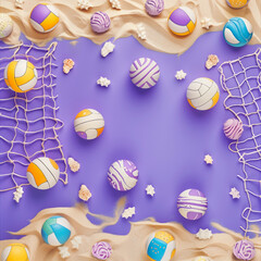 Summer decoration concept lots of little volleyball ball that look like ice cubes and sand all over the place. The background is purple