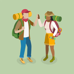 3D Isometric Flat Vector Illustration of Hiking Tourist Couple, Outdoors Adventure, Travel and Tourism - 779915373