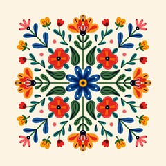 Traditional Mexican folk ornament with symmetrical pattern of colorful simple flowers and leaves. Floral motifs. Flat design for textile printing, decor, packaging, cards. Isolated illustration