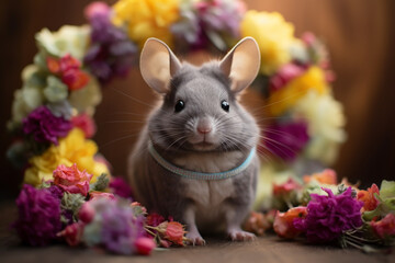 A small chinchilla wearing a flower crown, surrounded by blooming flowers.