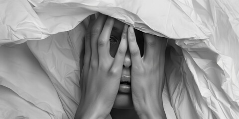 Abstract human expression photography, Hands covering eyes in a black and white photo, Monochrome image of a person's covered face creating a mysterious and emotional tone, - Powered by Adobe