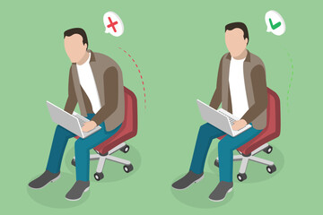 3D Isometric Flat Vector Illustration of Ergonomic Position While Using a Device, Correct and Incorrect Posture - 779915745