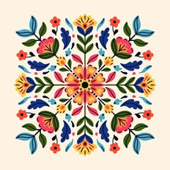 Traditional Mexican folk ornament with symmetrical pattern of colorful flowers and leaves. Floral motifs. Flat design for textile printing, decor, packaging, cards. Isolated illustration