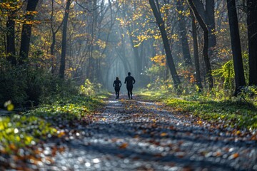 Joggers on a misty forest path surrounded by autumn colors.