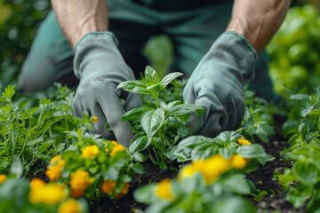 Close-up of hands planting in a garden, showcasing the delicate touch of gardening.