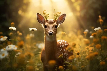 Zelfklevend Fotobehang A small deer wearing a flower crown, standing in a sunlit meadow. © Hafsa