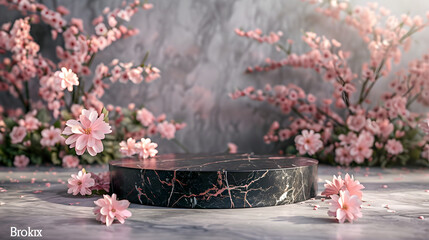 Fototapeta na wymiar A black and copper pedestal sits in front of a black marble wall with pink flowers.