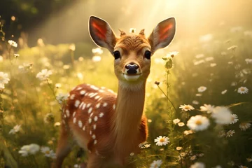 Meubelstickers A small deer wearing a flower crown, standing in a sunlit meadow. © Hafsa