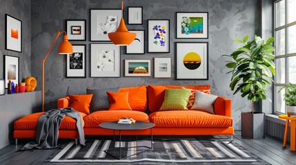 a living room with orange couch and pictures on the wall