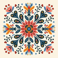 Traditional Scandinavian folk ornament with symmetrical pattern of colorful abstract flowers and leaves. Floral motifs. Flat design for textile printing, decor, packaging, cards