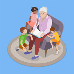 3D Isometric Flat Vector Illustration of Reading With Grandma , Grandmother and Grandkids Time - 779916747