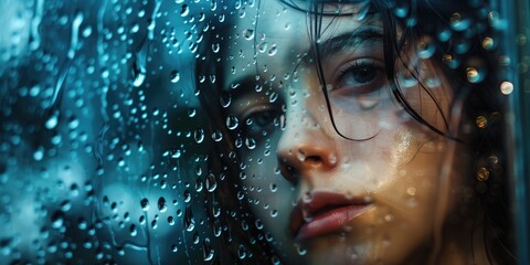 Portrait photography in the rain, evocative young woman behind water-streaked glass, Intimate portrait of woman's face with raindrops on the glass reflecting blue tones,