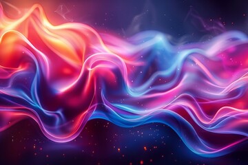 Obraz premium A colorful, abstract image of a pink and blue ocean with mountains in the background. The waves are wavy and the mountains are tall and jagged. Scene is one of serenity and tranquility