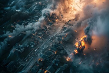 Aerial view of a city in the midst of a raging fire, with flames and smoke spreading rapidly through buildings and streets