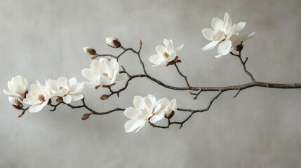 Photo of magnolia flower branch on gray studio background.